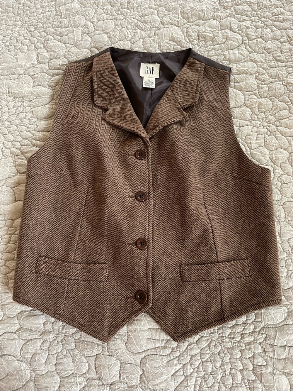 GAP Women’s Brown Herringbone Tailored Button Front Vest Size M Wool Blend